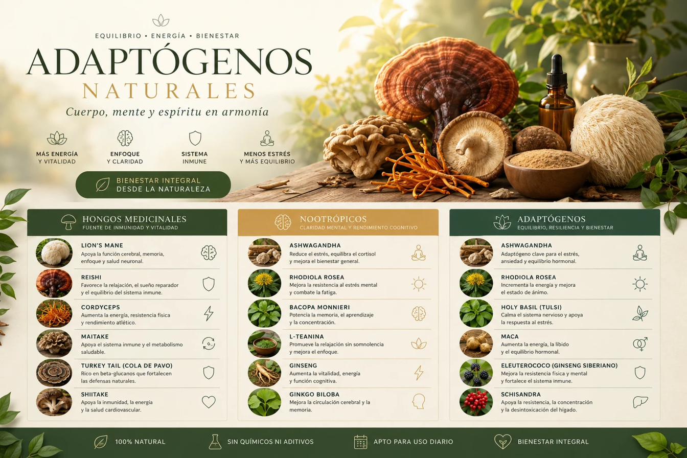 Infografía completa de adaptógenos, hongos medicinales y nootrópicos