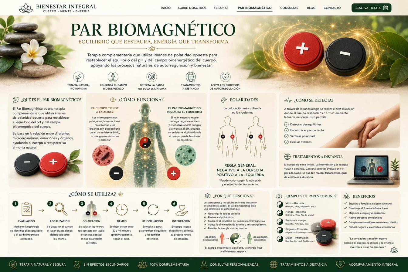 Infografía completa sobre par biomagnético, polaridades, kinesiología y tratamientos a distancia