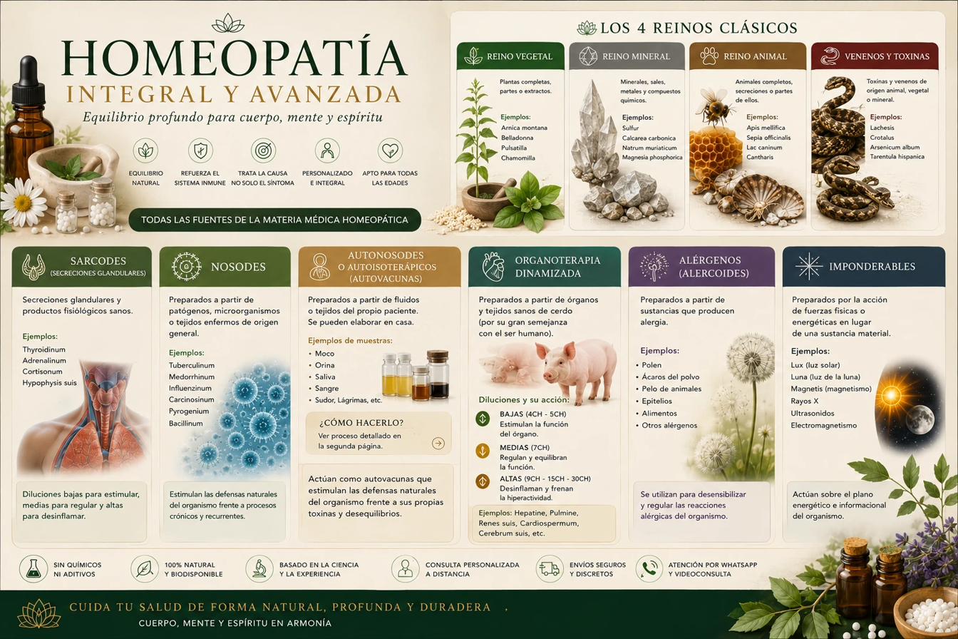 Infografía completa de homeopatía integral avanzada con reinos, nosodes, sarcodes y organoterapia