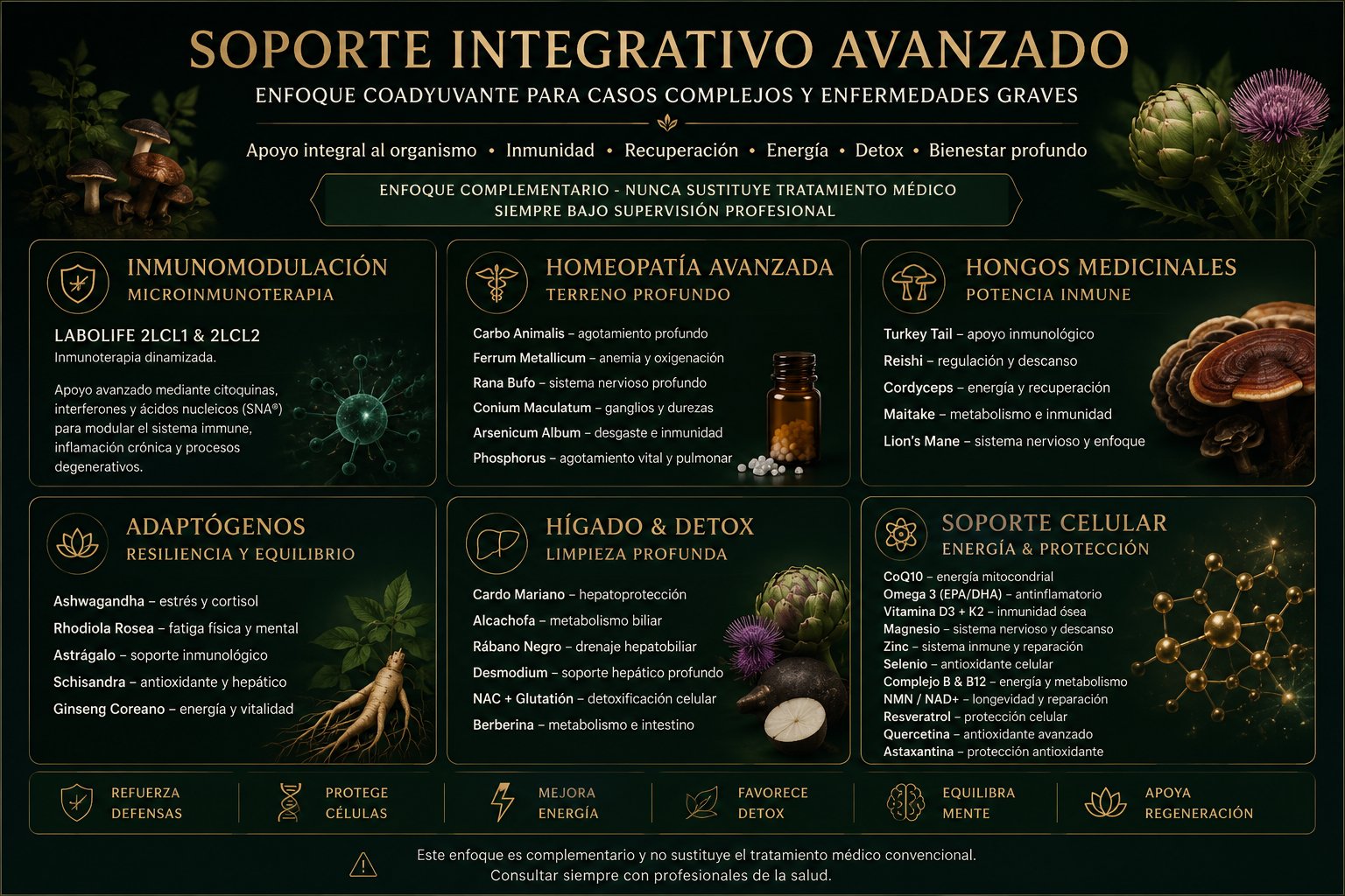 Infografía Soporte Integrativo Avanzado: inmunomodulación, homeopatía avanzada, hongos medicinales, adaptógenos, hígado y detox, soporte celular