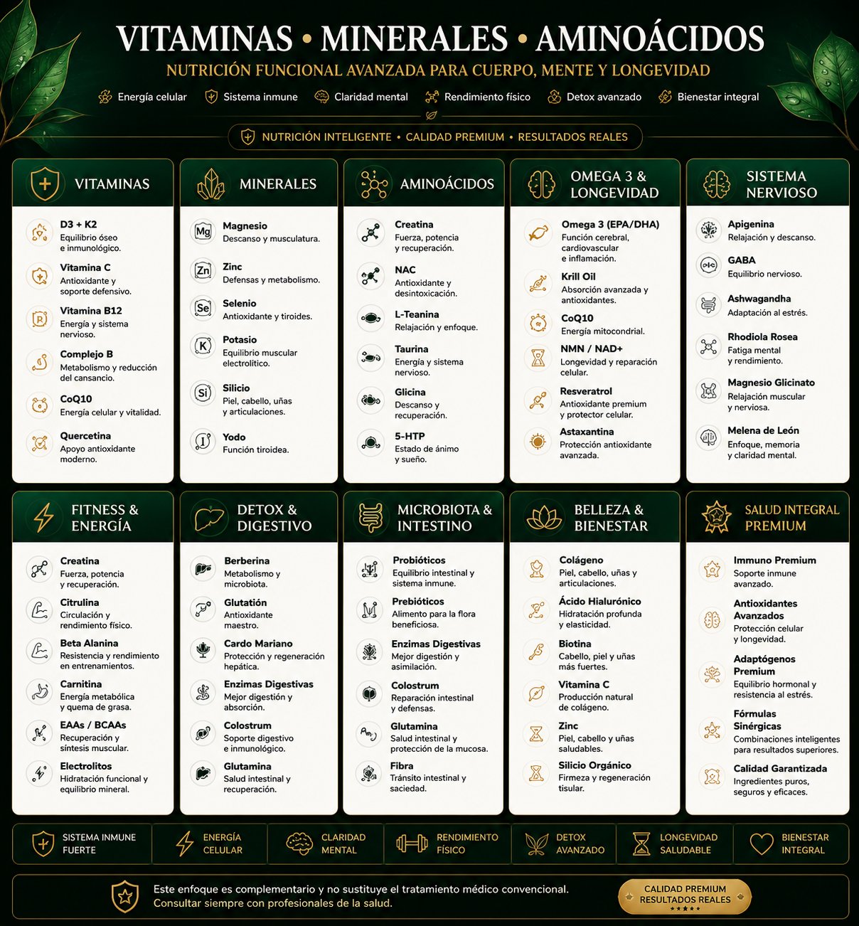 Infografía completa de vitaminas, minerales, aminoácidos, omega 3, sistema nervioso, fitness, detox, microbiota, belleza y salud integral premium